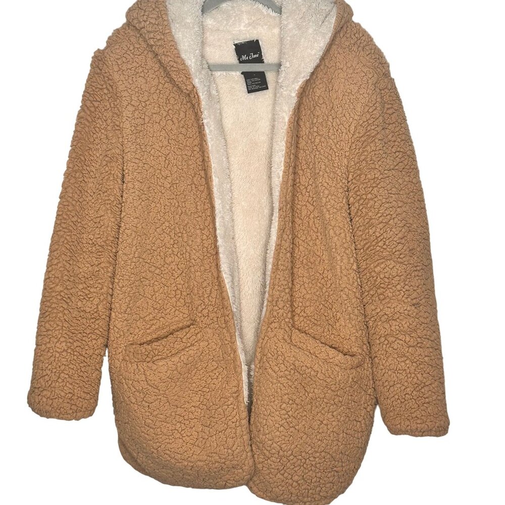 Me Jane Womens Hooded Sherpa Jacket Faux Fur Tan S Cozy Pockets Teddy Fuzzy Soft